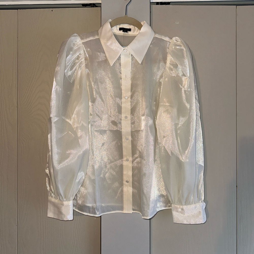 Ann Taylor Sheer Satin Puff Sleeve Button-Down Blouse in White
